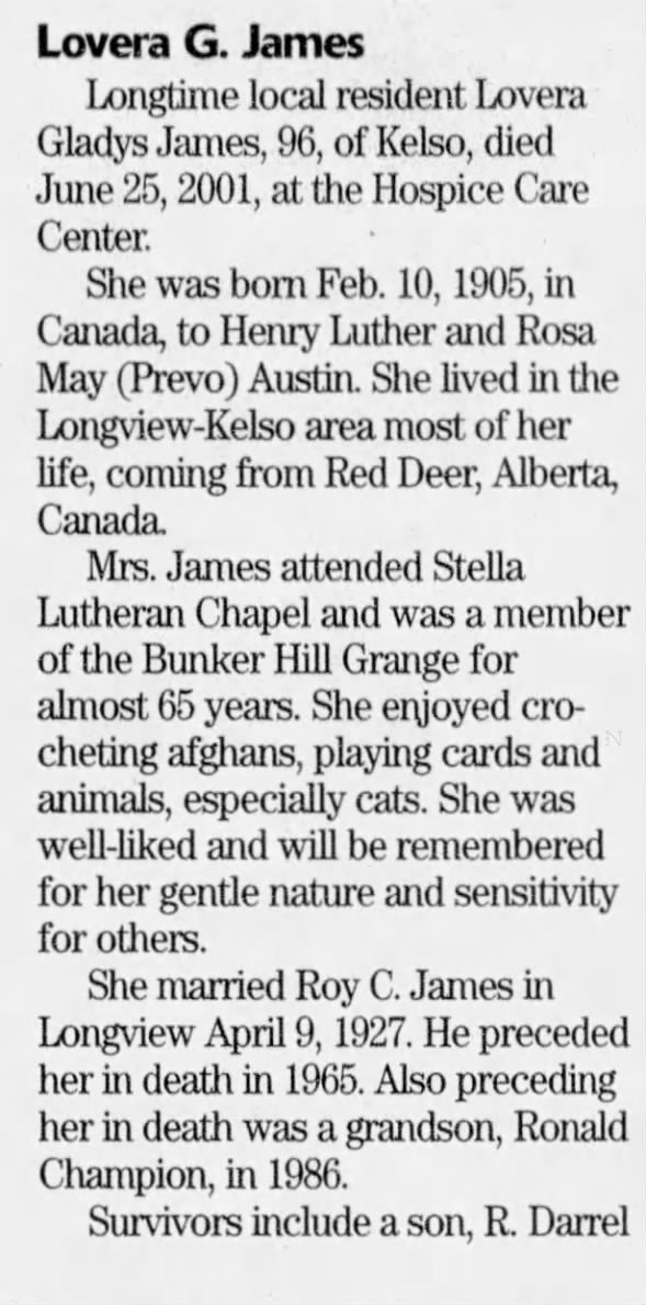 Obituary for Lovera Gladys James, 1905-2001 (Aged 96)